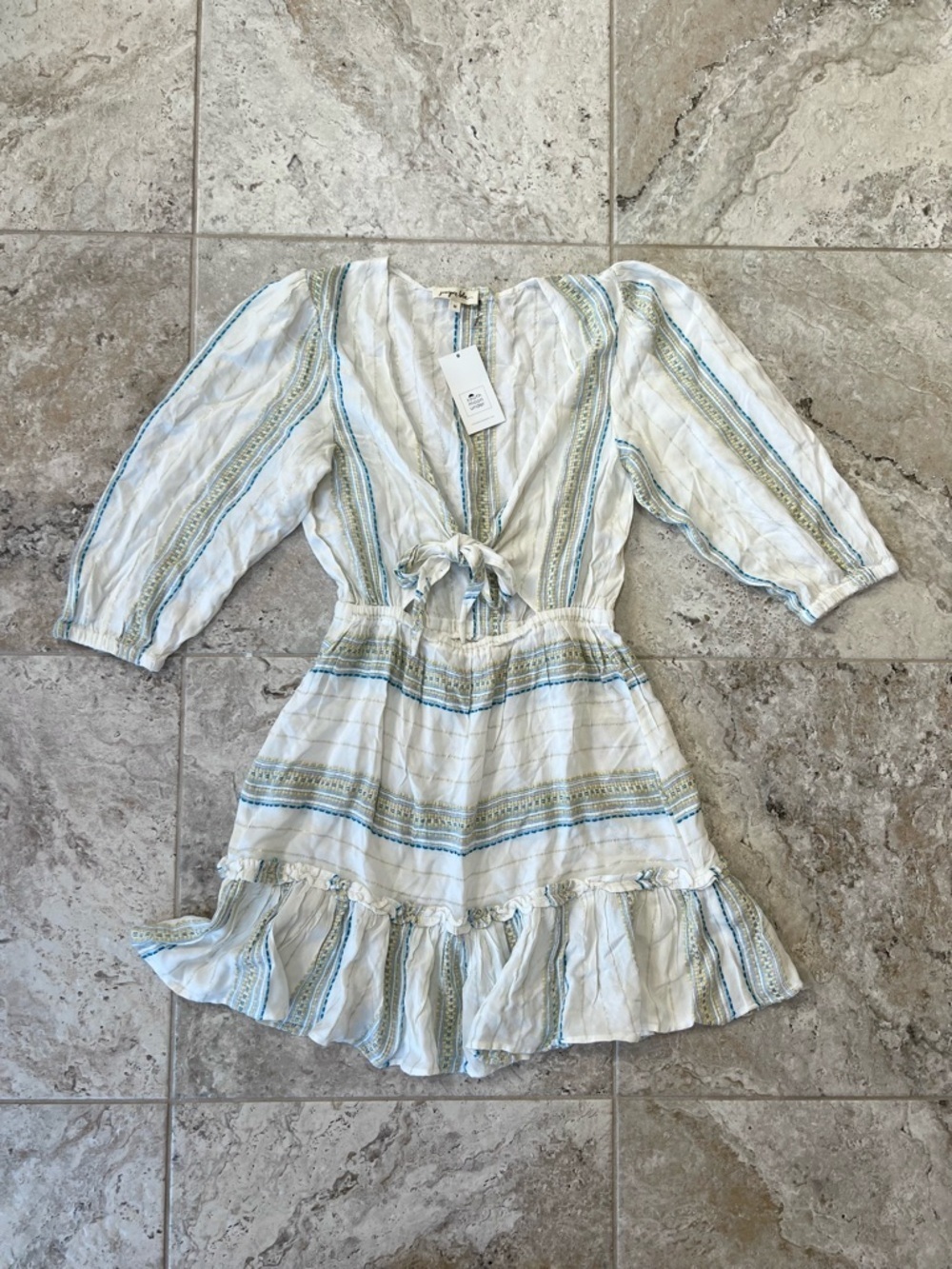NWT Juniper Blu South Moon Unde Boho Tie Front Mini Dress White Striped, M